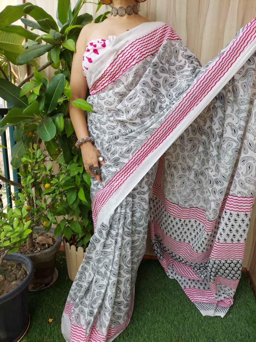 Bagru Block Print Cotton Mulmul Saree