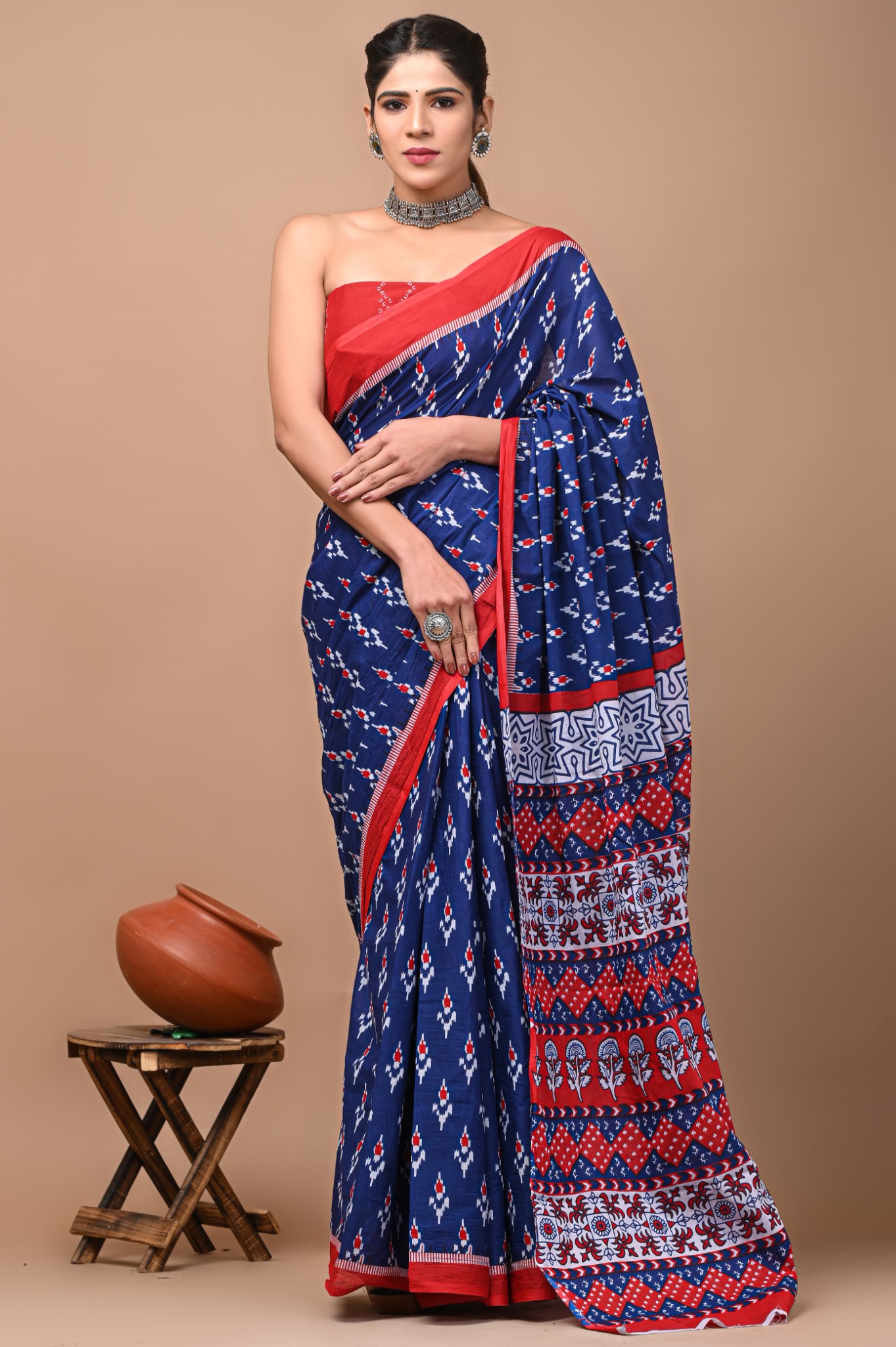 Blue Red Printed Saree