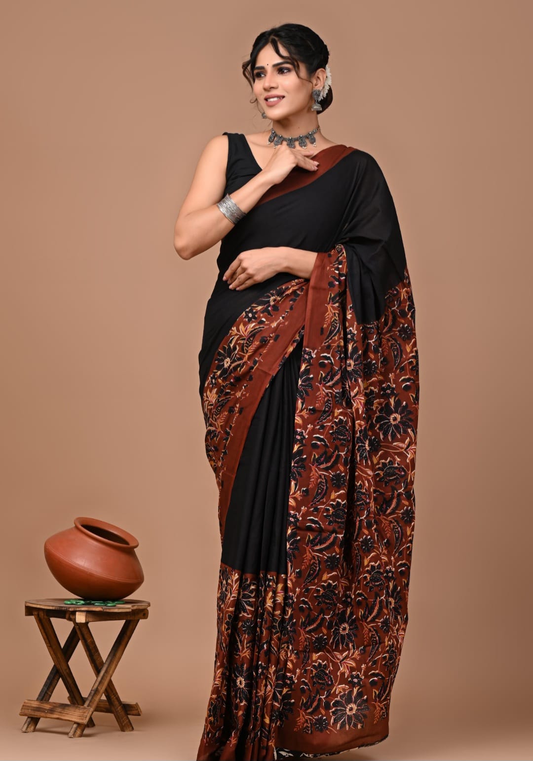 Black Rust Printed Saree